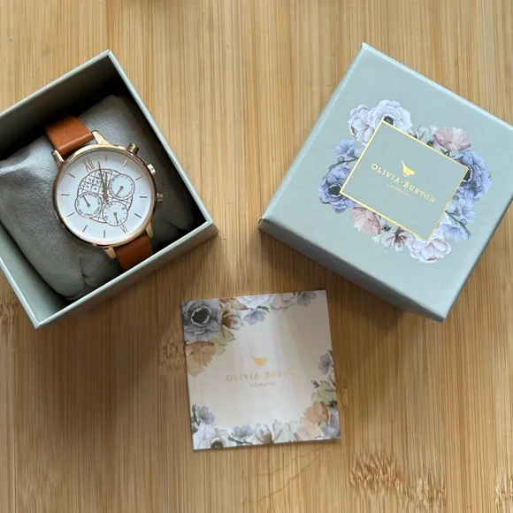 Olivia Burton Watch With 38mm White Face Brown Leather Band. Accessories